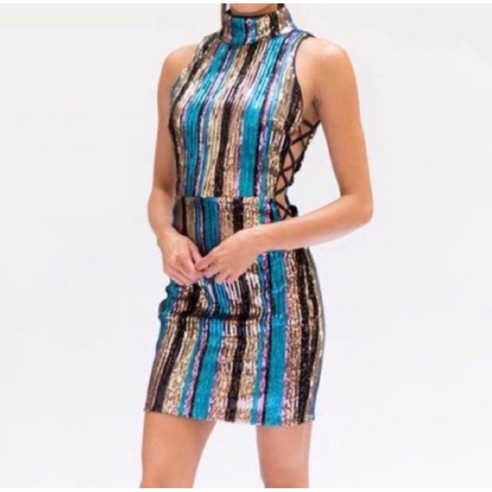 Akira Rainbow Multicolor Sequined Mini Dress Sz. Small Party Festival Feminine